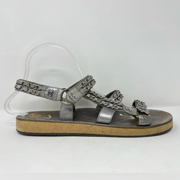 SOLD// Chanel Silver Metallic Chain Dad Sandals CC Logo Leather 40C 40 9 9.5 - Picture 4 of 14